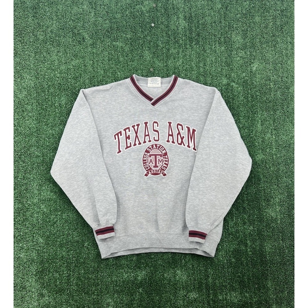 VTG Texas A&M Aggies Sweatshirt Mens M Grey Heavy Maroon Knit Pullover Y2K Logo